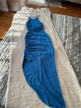 Summer Blue Ruched Backless Maxi